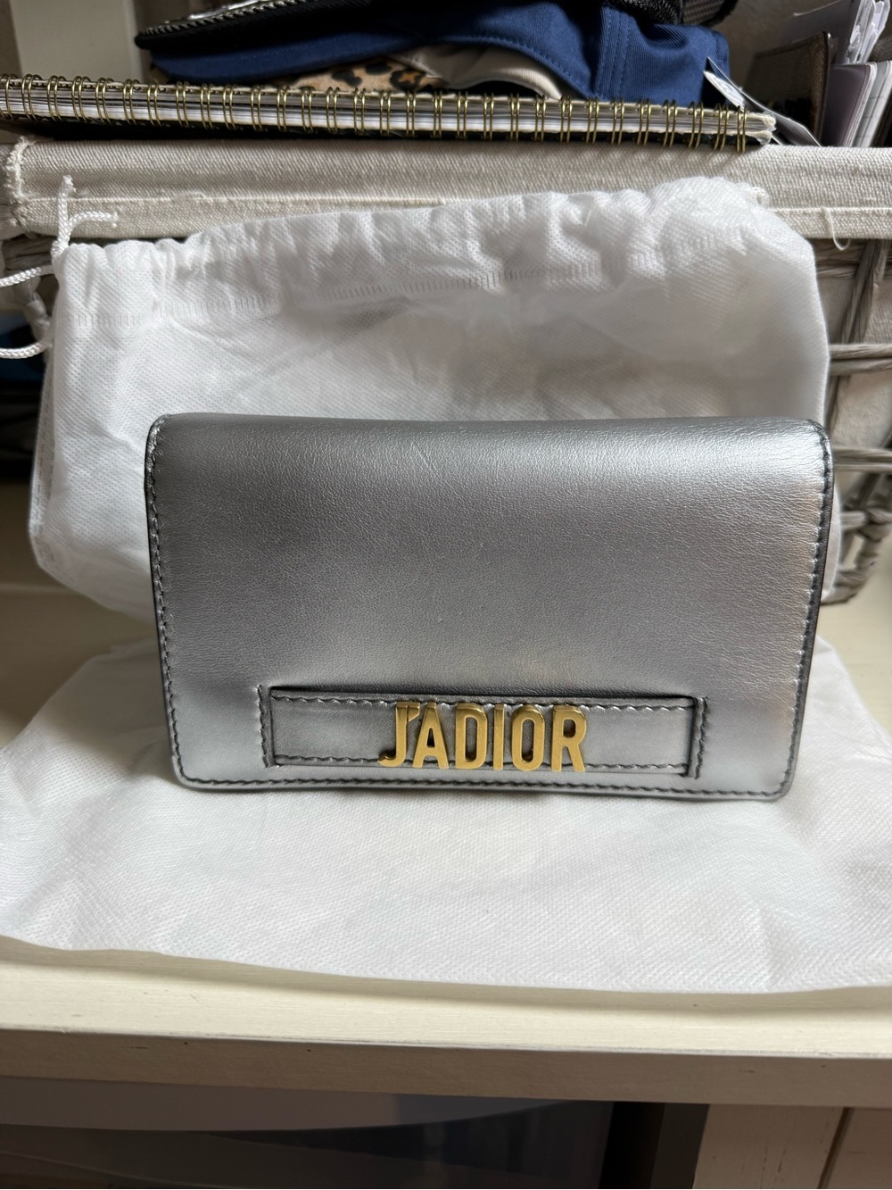 Dior J'Adior wallet metallic leather and signature gold-tone hardware.